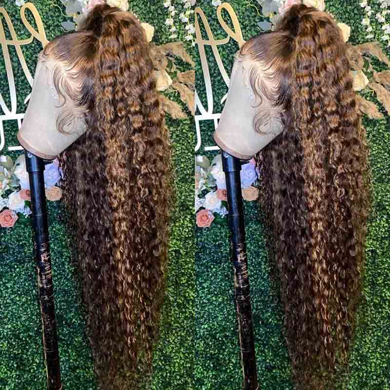 Brown Highlight Wig Deep Curly 13x4 HD Lace Frontal Virgin Human Hair Wigs