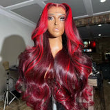 Burgundy With Red Highlights Wig Body Wave Lace Frontal Wigs Human Hair