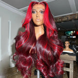 Burgundy With Red Highlights Wig Body Wave Lace Frontal Wigs Human Hair