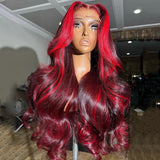 Burgundy With Red Highlights Wig Body Wave Lace Frontal Wigs Human Hair