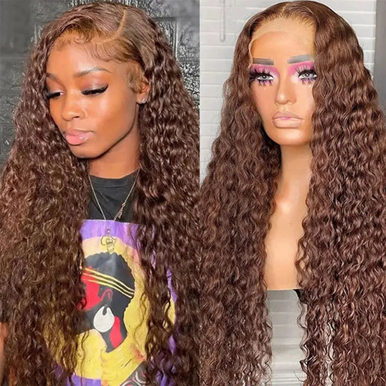#4 Chocolate Brown Wig Deep Curly Lace Front Human Hair Wigs