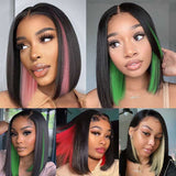Peekboo Pink Highlight Bob Wig Hidden Color Short Lace Front  Human Hair Wig