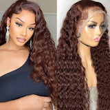 #33 Reddish Brown 360 Lace Frontal Wig Deep Curly Wave Human Hair Wigs