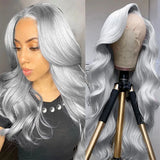 Silver Grey Wavy Human Hair Wig 13x4 HD Lace Front Wigs