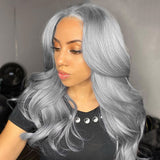 Silver Grey Wavy Human Hair Wig 13x4 HD Lace Front Wigs