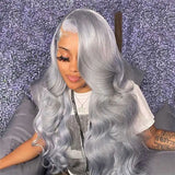 Silver Grey Wavy Human Hair Wig 13x4 HD Lace Front Wigs