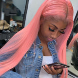 Light Pink Human Hair Wig Long Colored Lace Front Wig