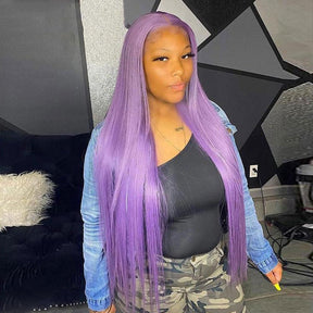 Light Purple Human Hair Wig Long Colored Lace Front Wig