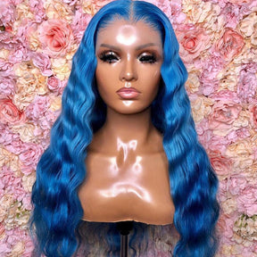Ocean Blue Wavy Wig Human Hair Long Colored Lace Front Wigs