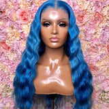 Ocean Blue Wavy Wig Human Hair Long Colored Lace Front Wigs