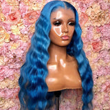 Ocean Blue Wavy Wig Human Hair Long Colored Lace Front Wigs