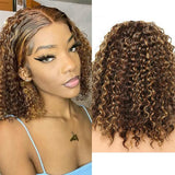 P4/27 Brown Blonde Highlight Bob Wigs Deep Curly Wave Short Transparent Lace Wigs 100% Human Hair