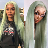 Pastel Green Human Hair Wig Long Colored Lace Front Wig