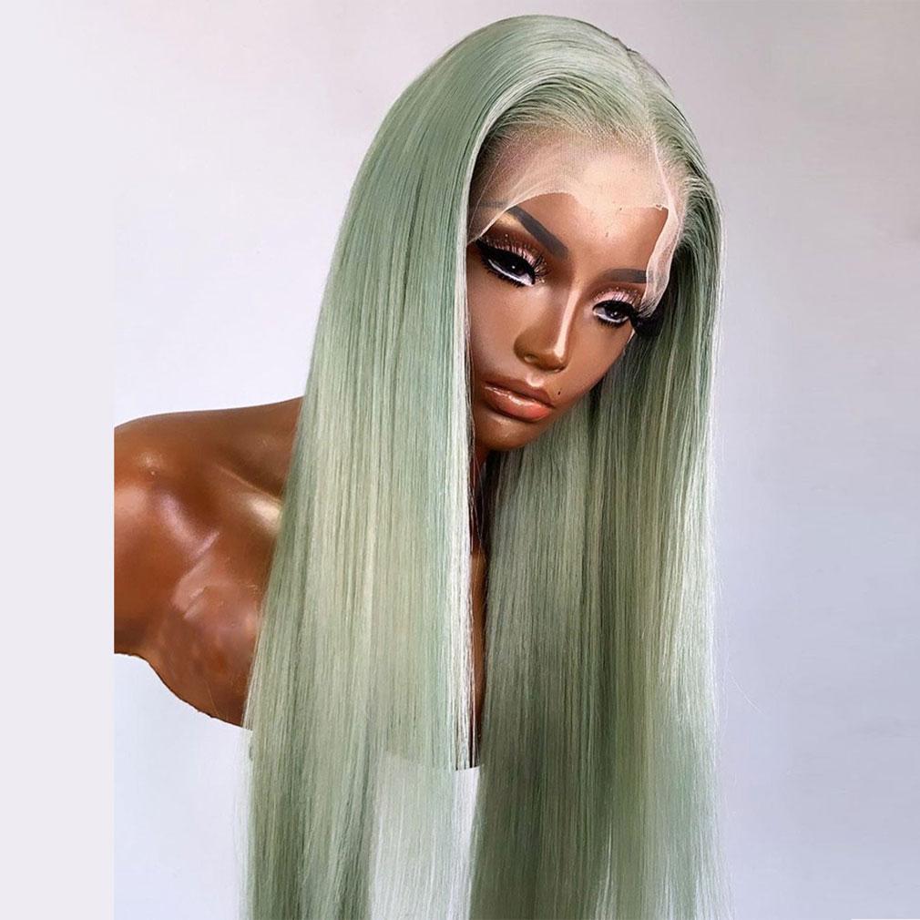 Pastel Green Human Hair Wig Long Colored Lace Front Wig