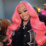 Pink Wavy Wig Human Hair Long Colored Lace Front Wigs