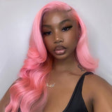 Pink Wavy Wig Human Hair Long Colored Lace Front Wigs