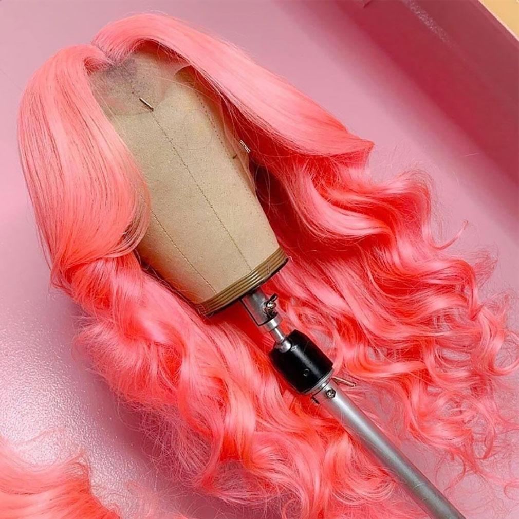 Pink Wavy Wig Human Hair Long Colored Lace Front Wigs