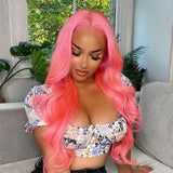 Pink Wavy Wig Human Hair Long Colored Lace Front Wigs