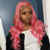 Pink Wavy Wig Human Hair Long Colored Lace Front Wigs