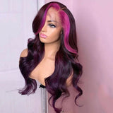 Purple Money Piece Wig Human Hair 99j Color Hair with Pink Streak