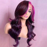 Purple Money Piece Wig Human Hair 99j Color Hair with Pink Streak