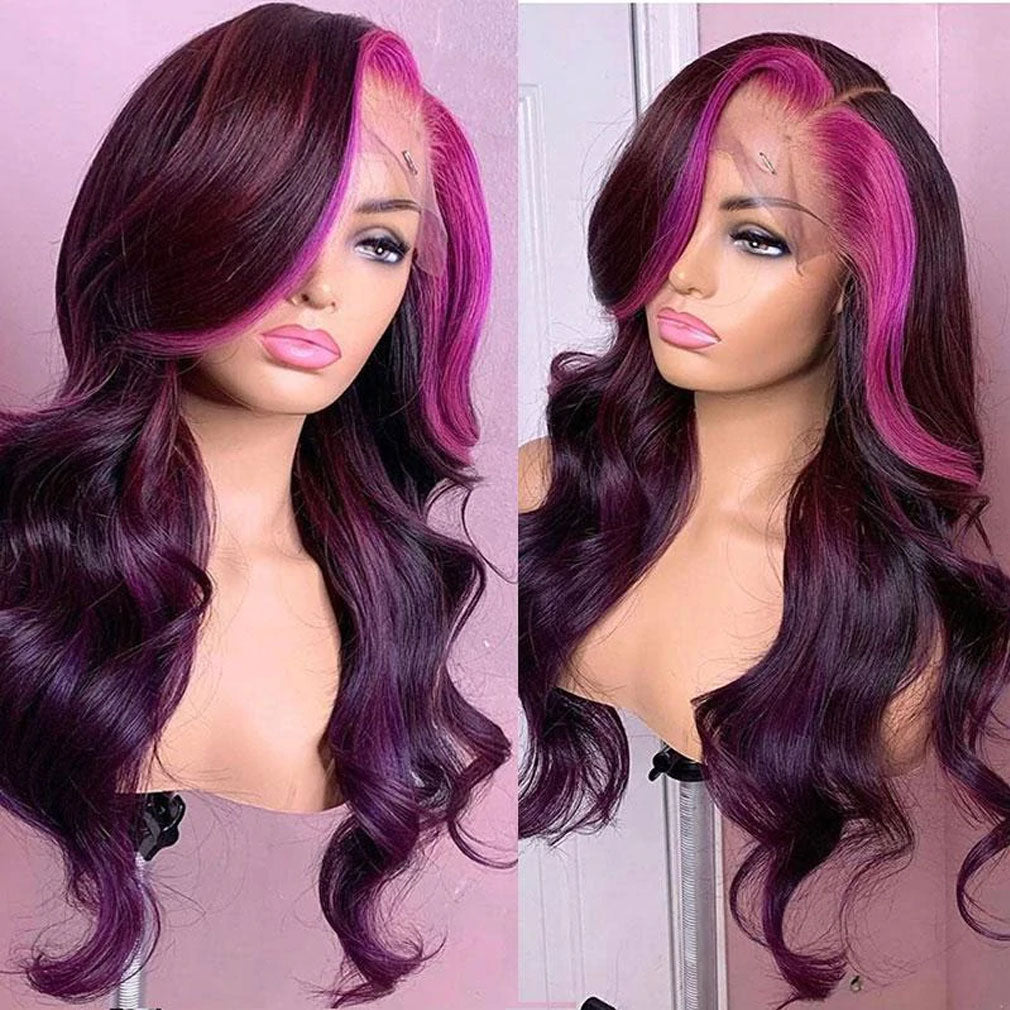 Purple Money Piece Wig Human Hair 99j Color Hair with Pink Streak