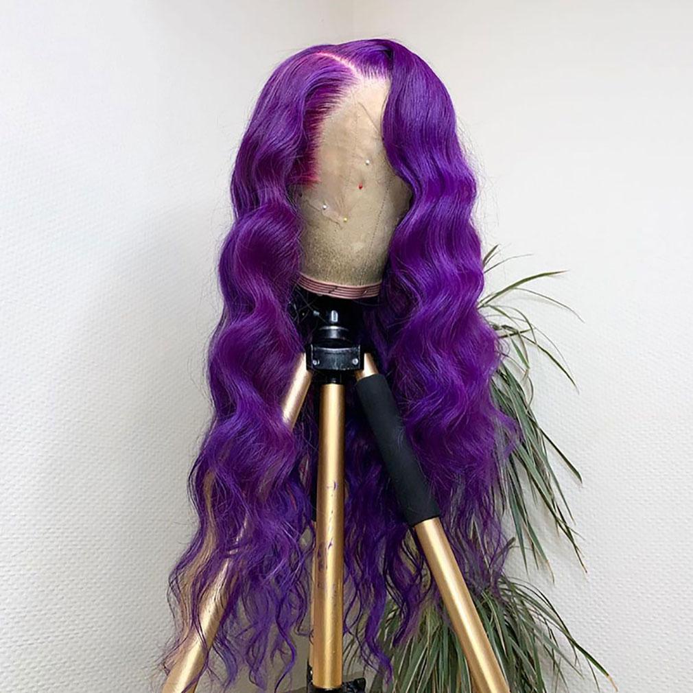 Purple Wavy Wig Human Hair Long Colored Lace Front Wigs