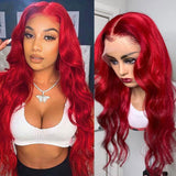 Red Wavy Wig Human Hair Long Colored Lace Front Wigs