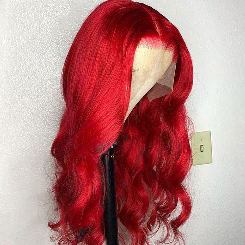 Red Wavy Wig Human Hair Long Colored Lace Front Wigs