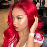 Red Wavy Wig Human Hair Long Colored Lace Front Wigs