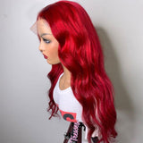 Red Wavy Wig Human Hair Long Colored Lace Front Wigs