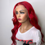 Red Wavy Wig Human Hair Long Colored Lace Front Wigs