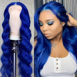 Royal Blue Wavy Wig Human Hair Long Colored Lace Front Wigs