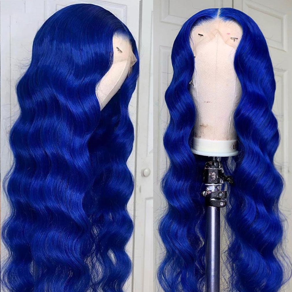 Royal Blue Wavy Wig Human Hair Long Colored Lace Front Wigs