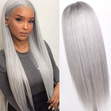 Silver Grey Human Hair Wig Long Colored Lace Front Wig