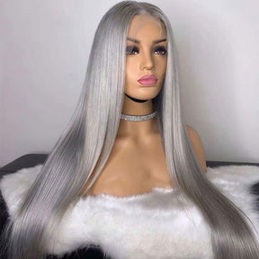 Silver Grey Human Hair Wig Long Colored Lace Front Wig