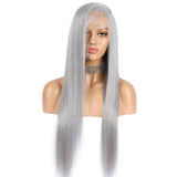 Silver Grey Human Hair Wig Long Colored Lace Front Wig