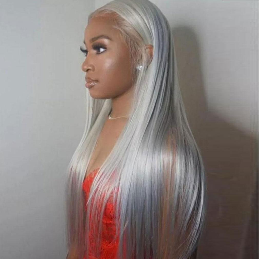 Silver Grey Human Hair Wig Long Colored Lace Front Wig