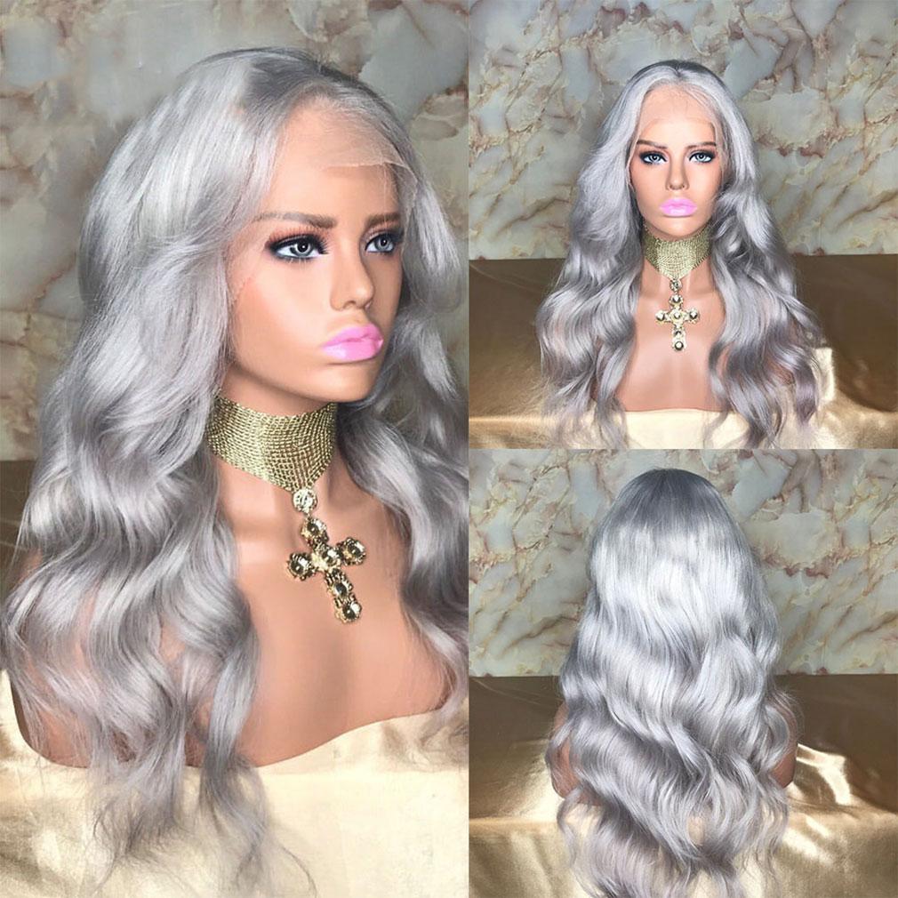 Silver Grey Wavy Wig Human Hair Long Colored Lace Front Wigs