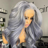 Silver Grey Wavy Wig Human Hair Long Colored Lace Front Wigs