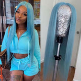 Sky Blue Human Hair Wig Long Colored Lace Front Wig