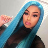 Sky Blue Human Hair Wig Long Colored Lace Front Wig