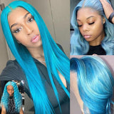 Sky Blue Human Hair Wig Long Colored Lace Front Wig