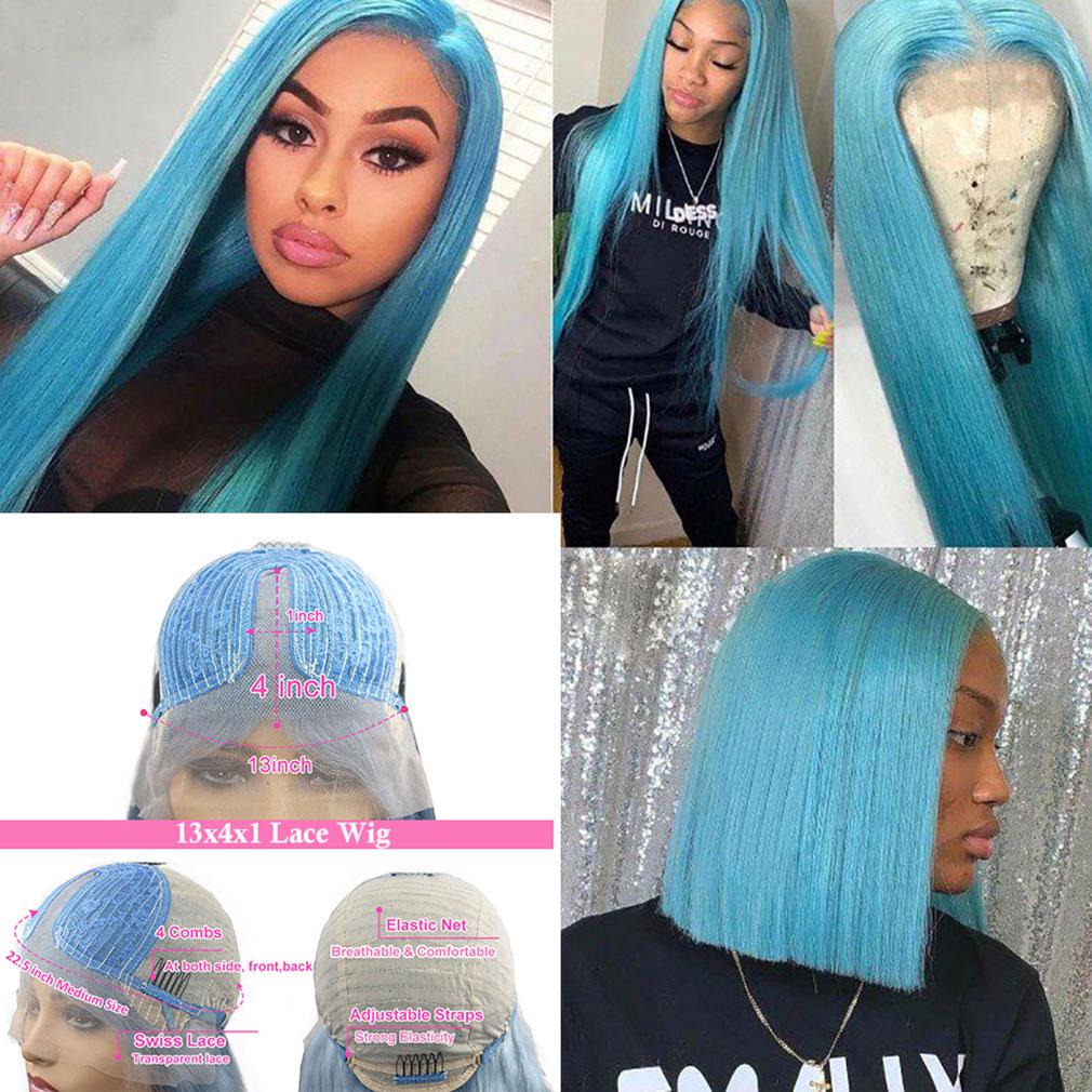 Sky Blue Human Hair Wig Long Colored Lace Front Wig
